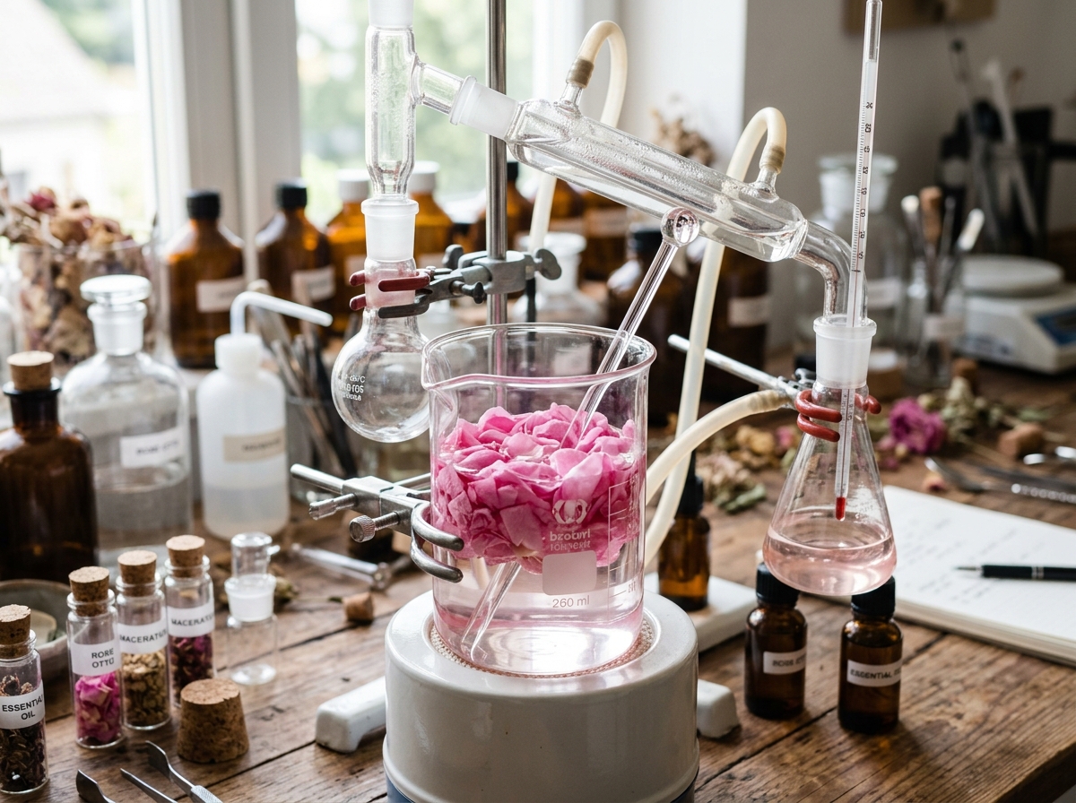 Artisanal perfume laboratory setup with glass flask and rose petals maceration