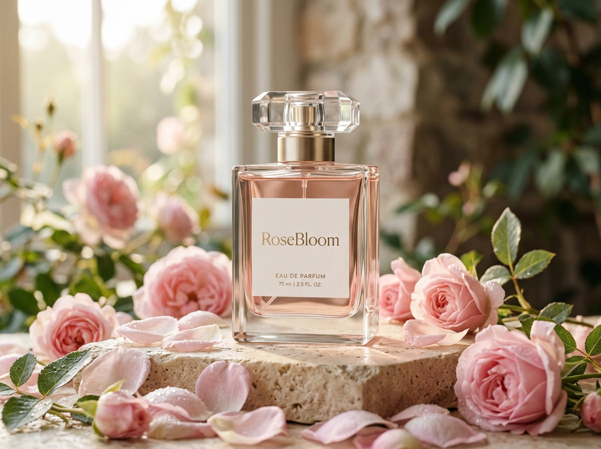 RoseBloom luxury glass perfume bottle resting on warm stone surrounded by delicate morning pink rose petals